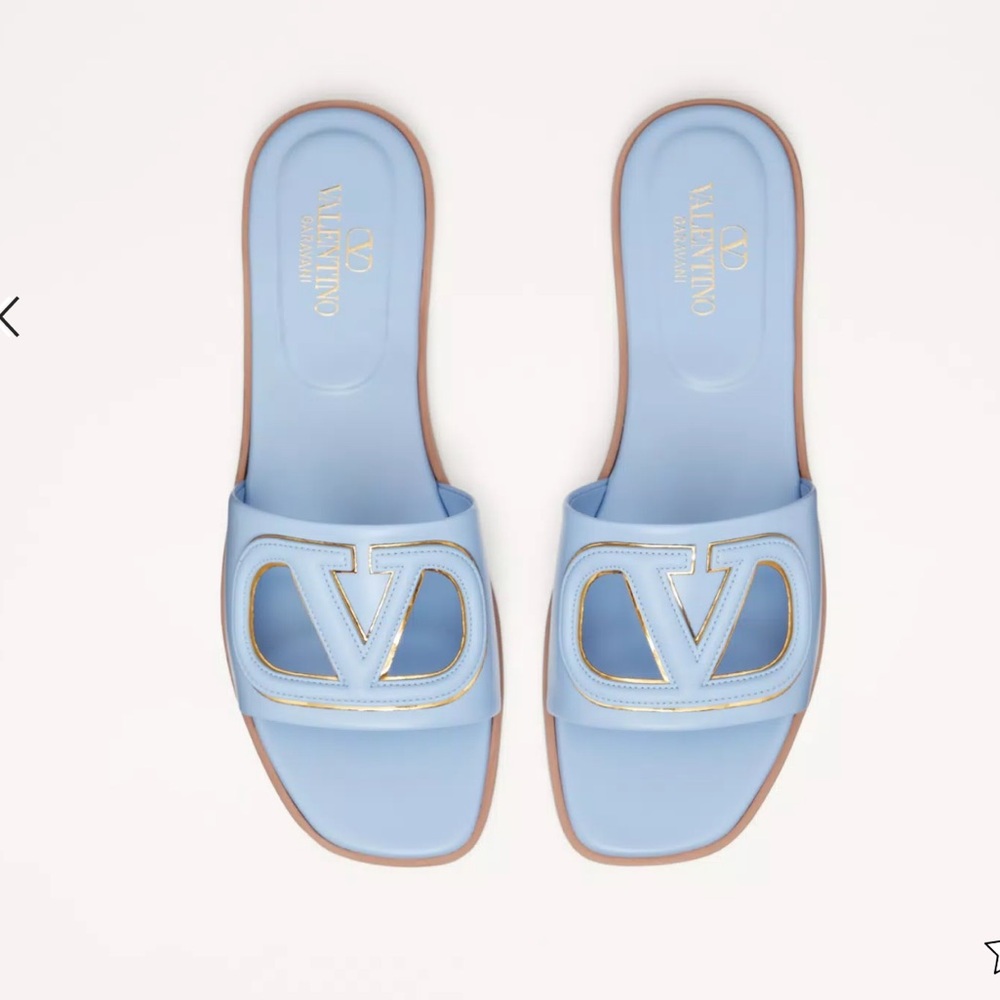 Valentino Garavani VLogo Calfskin Cut-Out Slide Sandals - Azure Antique Brass